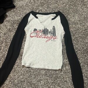Hollister Chicago Skyline Raglan Long Sleeve Top - Gray & Black with Red Script